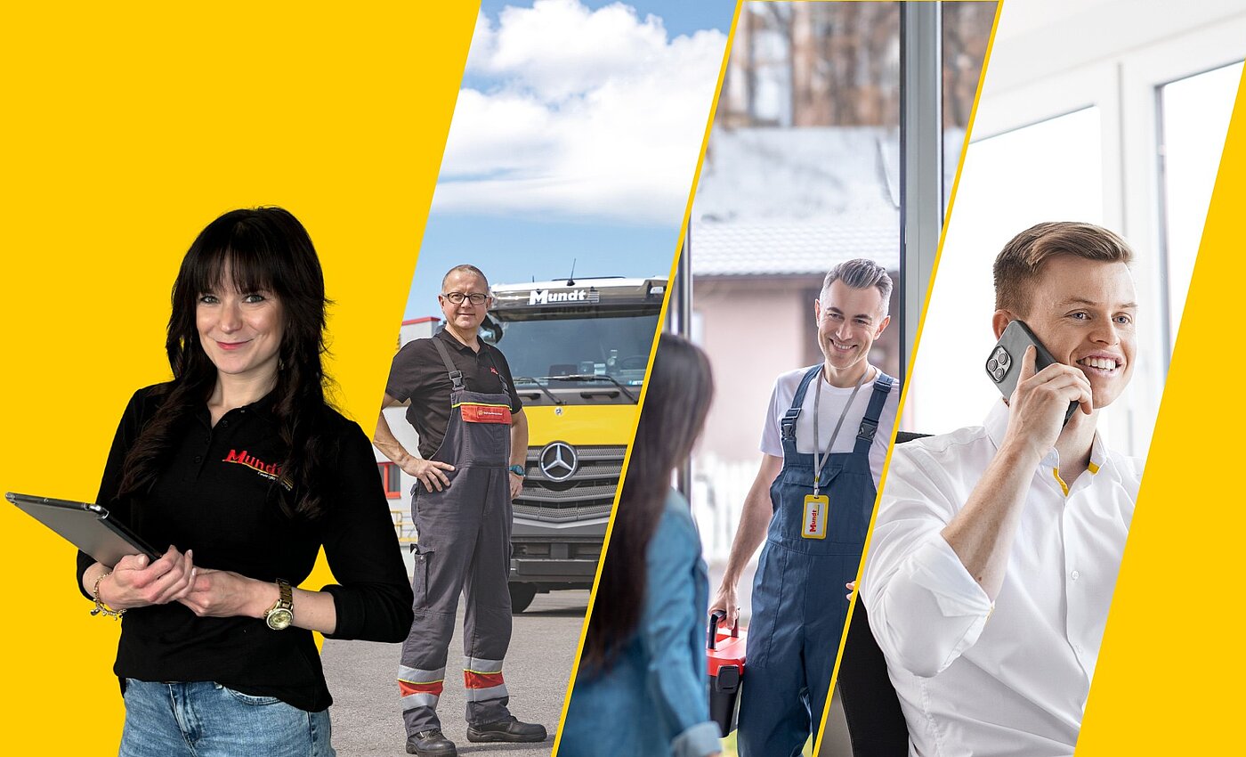 Eine Frau die lächelt mit einem Tablett in der Hand. Rechts daneben ein Mann, welcher lächelnd vor einem LKW steht. Rechts daneben ein Mann, der lächelnt vor einer offenen Tür mit einer Frau drin steht. Daneben ein lächelnder Mann der telefoniert